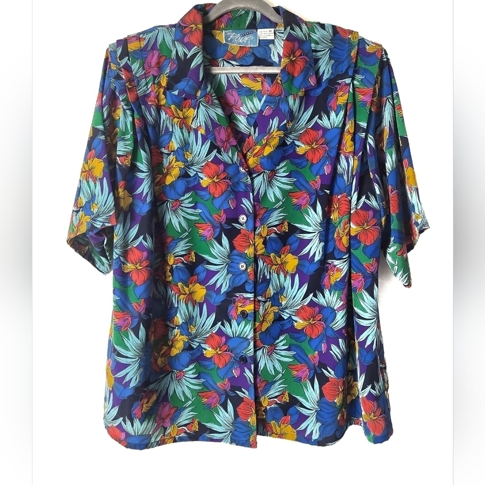 Palm-print Short Sleeve Button Front Blouse - Blue Floral